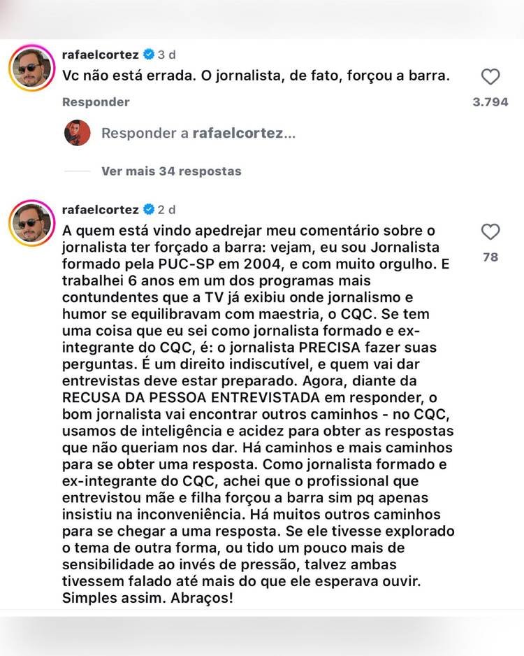 Print dos comentários do ex-CQC Rafael Cortez