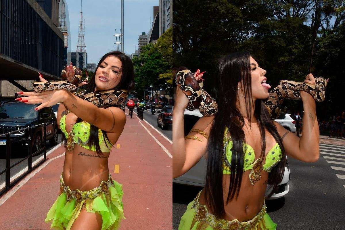 Ex-Miss Bumbum é multada após fazer dança com cobra na Avenida Paulista