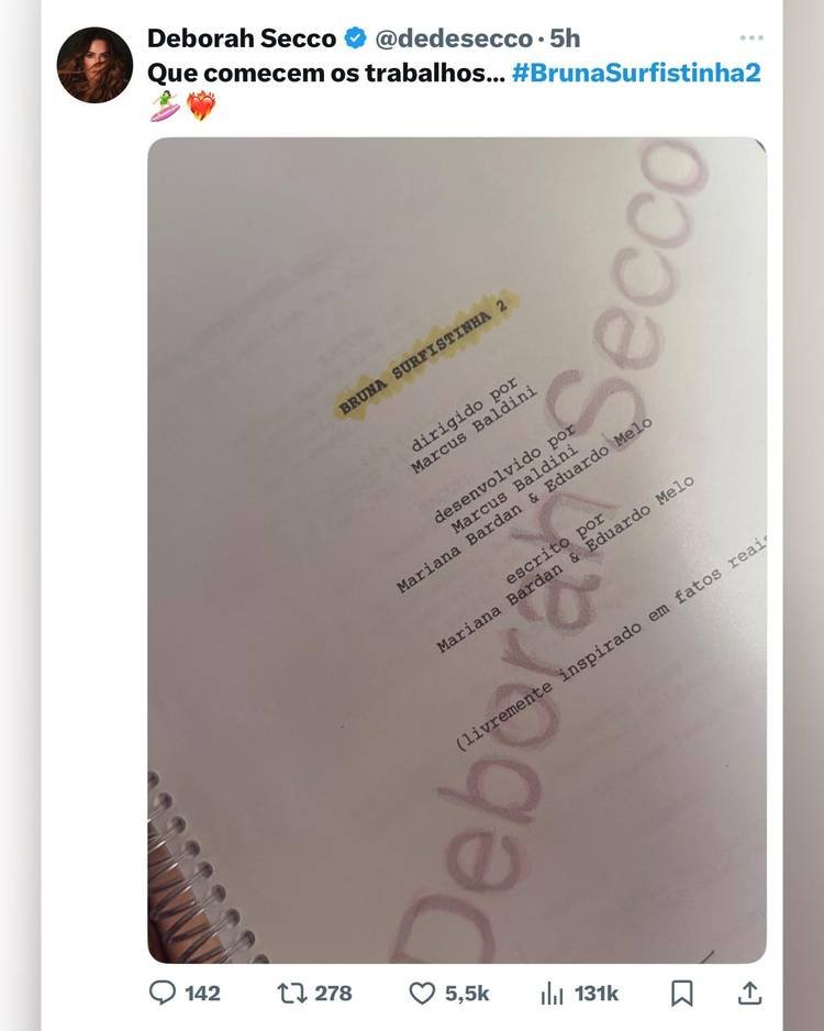 Print do post da atriz Deborah Secco no X/Twitter