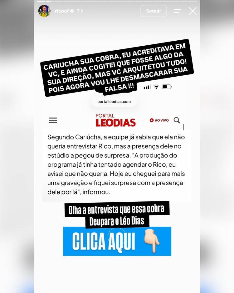 Print do story de Rico Melquiades no Instagram