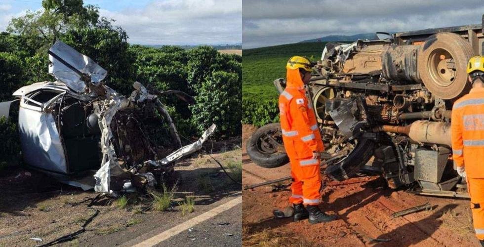 Batida frontal entre carro e caminh�o deixa motorista morto - foto: Divulga��o/Corpo de Bombeiros