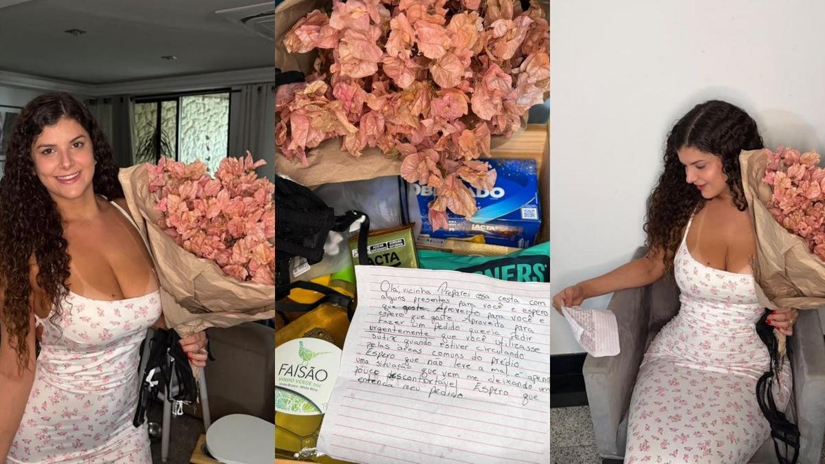 Influenciadora recebe cesta de vizinha com sutiã e pedido inusitado