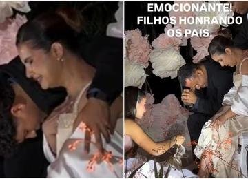 Aline Barros chora após ter pés lavados pela filha em festa de 15 anos