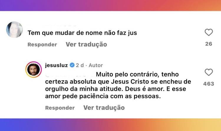 Print da resposta de Jesus Luz em seu perfil no Instagram