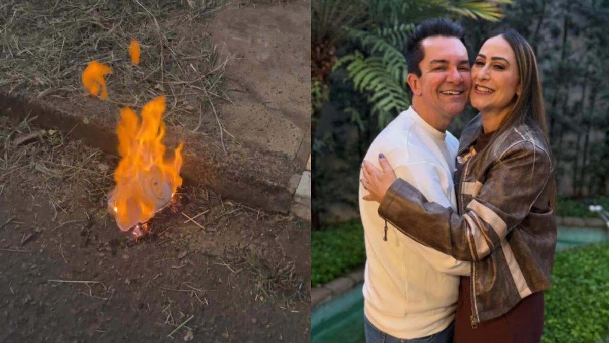 Esposa de Regis Danese queima Labubu após incêndio que destruiu sua casa