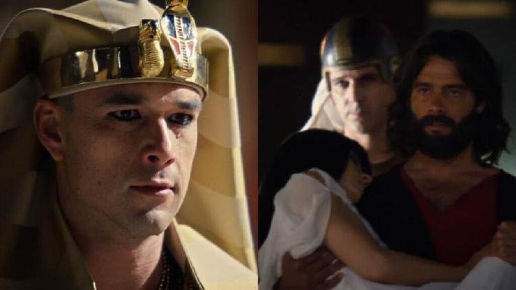 Ramsés (Sergio Marone), Henutmire (Vera Zimmerman) e Moisés (Sergio Marone) de Os Dez Mandamentos