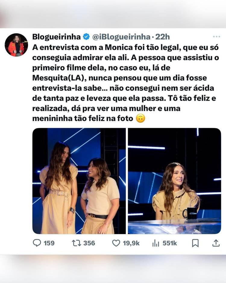 Print do post de Blogueirinha no X, antigo Twitter 