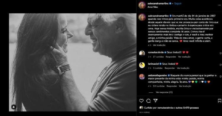 <em>Ant�nio Fagundes e Alexandra Martins celebram 16 anos de relacionamento (Foto: Reprodu��o/Instagram)</em>