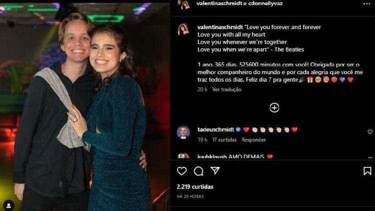 <em>Valentina, filha de Tadeu Schmidt, celebra 1 ano de namoro com Christiano Donnelly Vaz (Foto: Reprodução/Instagram)</em>