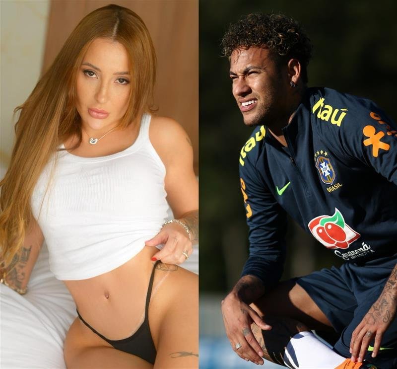 do lado esquerdo aparece a modelo Any Awuada, que revelou o valor que ganhou com v�deos ap�s suposto affair com o jogador Neymar, que aparece ao lado direito