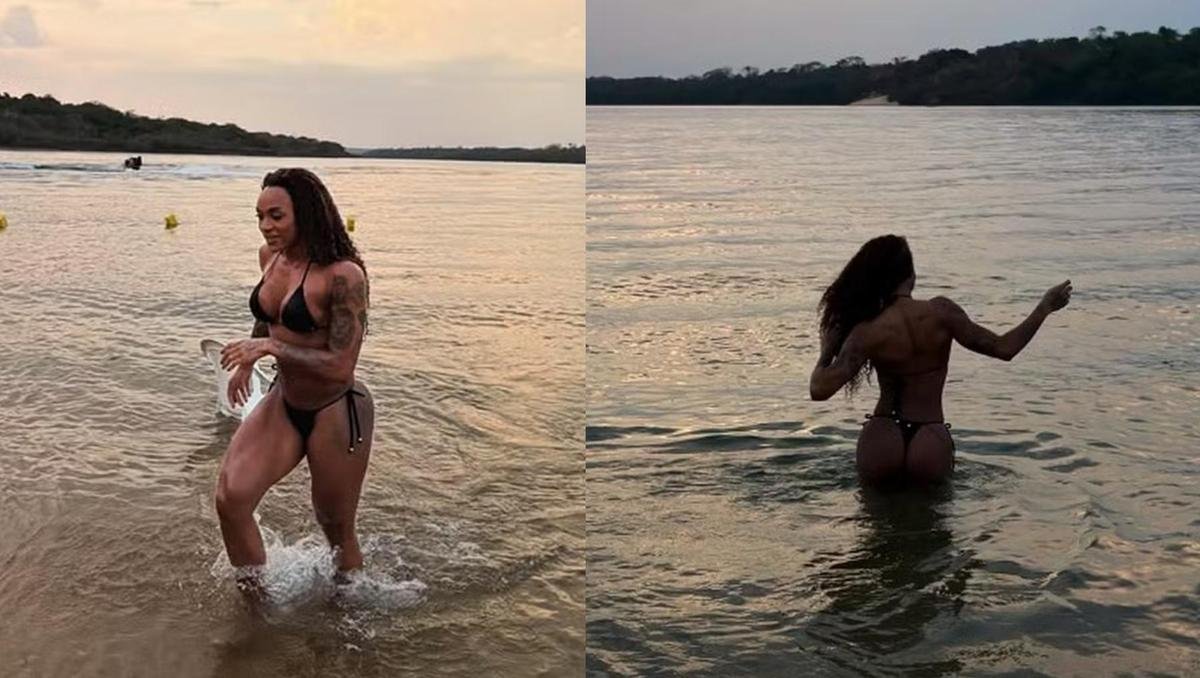 Patrícia Ramos exibe supercoxas na praia e físico chama atenção