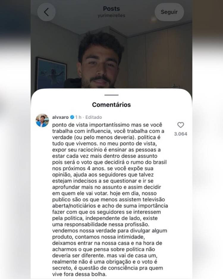 Print do comentário de Álvaro Xaro no Instagram de Yuri Meirelles