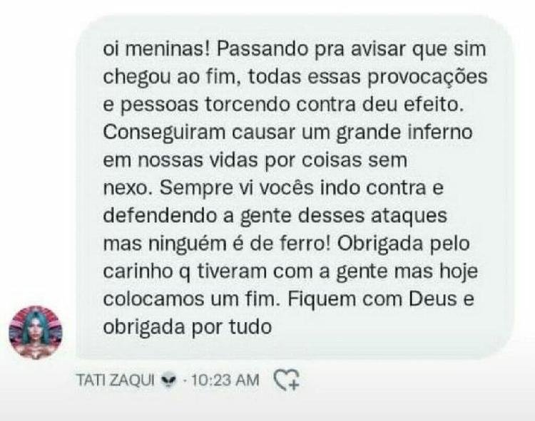 Tati Zaqui anuncia fim com Thomaz Costa