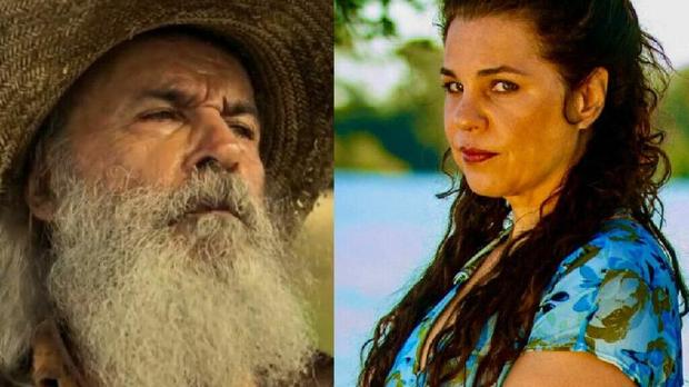 Velho do Rio (Osmar Prado) e Maria Bruaca (Isabel Teixeira) na novela Pantanal