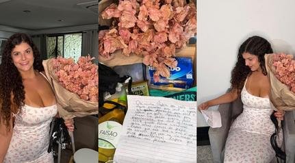 Influenciadora recebe cesta de vizinha com sutiã e pedido inusitado
