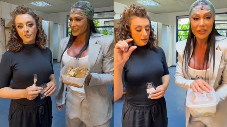 Apresentadora n�o perdeu a oportunidade de experimentar uma das marmitas da musa fitness